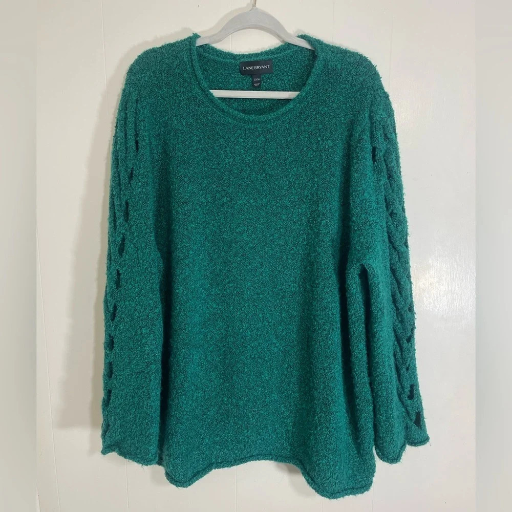 Lane Bryant 3X Wool Blend Fuzzy Cozy Boucle Criss Cross Open Arm Green Sweater